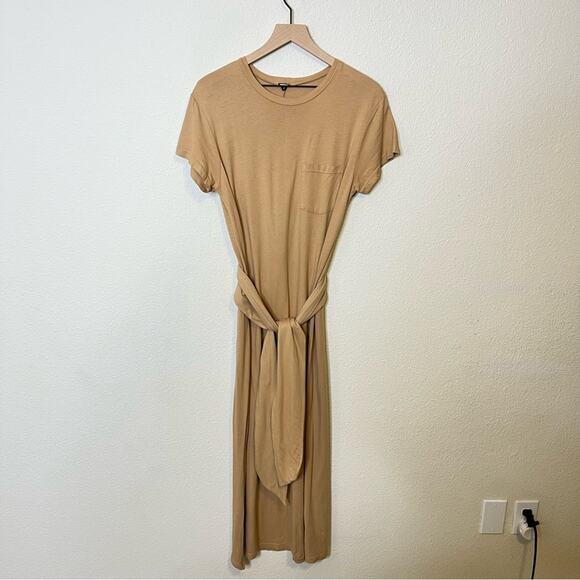 Monrow Pocket Tee Maxi Dress Tie Waist Camel Tan Shirt Dress High Slit Womens S - Picture 2 of 8